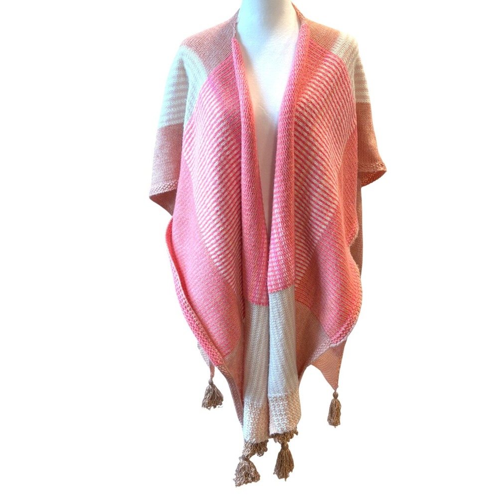 Anthropologie Caroline Kaufman Pink Striped‎ Knit Open Front Poncho Cape Shawl